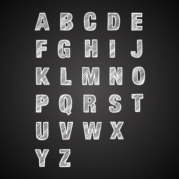 Lettere in alfabeto a carboncino bianco disegnate a mano vettoriale su lavagna nera. - Vettoriali, immagini