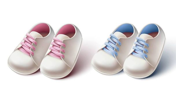 3D reális gyűjteménye a baba lány és fiú babakocsi cipő. Tervezési elem babaköszöntő meghívók, születésnapi kártya vagy keresztelői ceremónia. - Vektor, kép