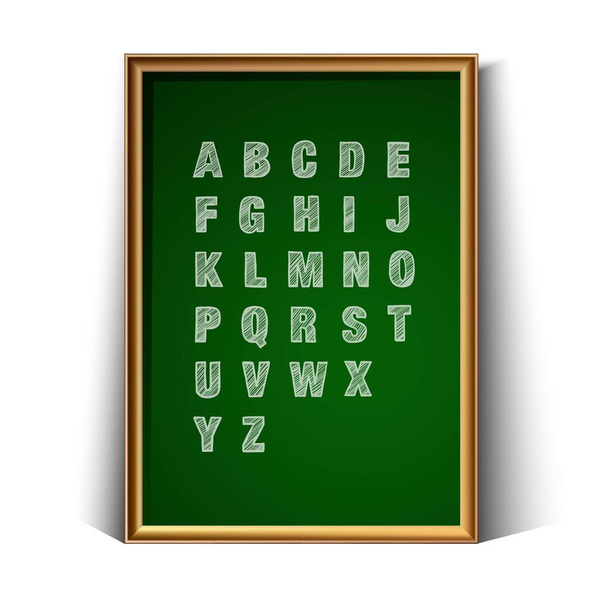 3d реалистичные векторные школы зеленый уголь доска для письма с нарисованным вручную алфавитом. Изолированный на белом фоне. - Вектор,изображение