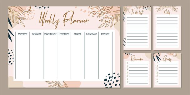 Weekly planner with various shapes, leaves and doodle objects. Modern art. Minimalist shapes in pastel tone. Trendy vector illustrations  - Vector, Image