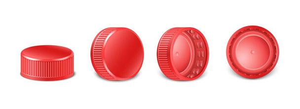 3d realistic collection of red plastic bottle caps in side, top and bottom view. Mockup with pet screw lids for water, beer, cider of soda. Isolated icon illustration. - Vector, Image