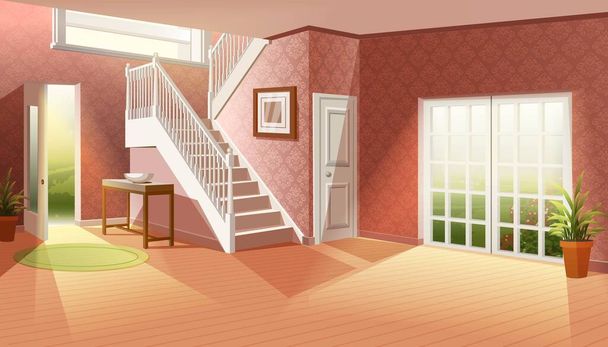 Zeichentrickvektorillustration ohne Möbel. Großes, leeres Wohnzimmer mit großen Fenstern zum Garten und Eingang mit großer Treppe. - Vektor, Bild
