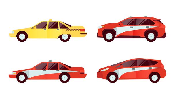 Conjunto de vários tipos de veículos de táxi. Ilustração moderna do vetor do estilo liso. - Vetor, Imagem