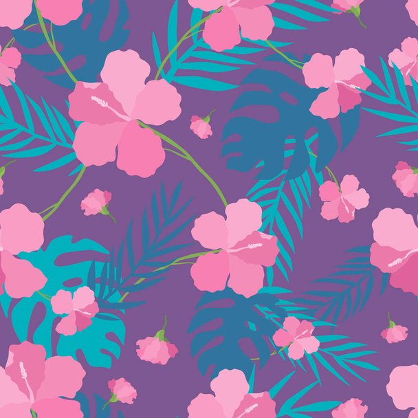 Tropical seamless pattern with bright flowers and leaves of monstera and palm trees. Seamless pattern with pink flowers on a white background - Wektor, obraz