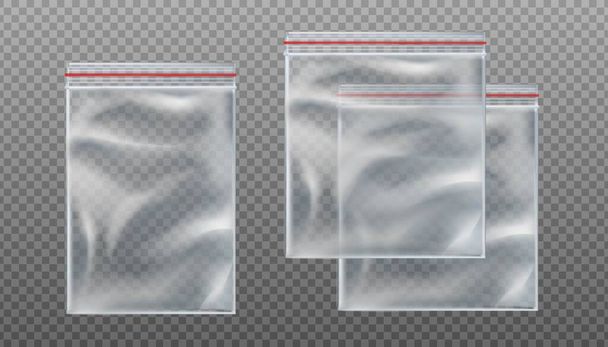 3d realista vector zip bolsas transparentes. Mochilas vacías en diferentes tamaños sobre fondo transparente. - Vector, imagen
