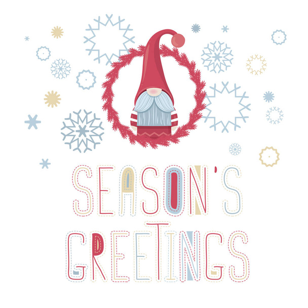 Greeting card in scandinavian style with little gnome, snowflakes and decorative lettering - Vektor, kép