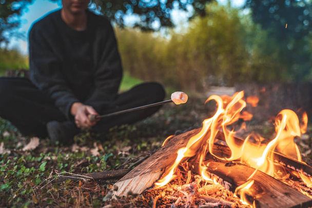Beautiful woman toasting marshmallows in a autumn camp fire during sunset. A warm and cozy campfire in the wilderness with forest, wood wild seats and trees silhouetted in the background. - Photo, image