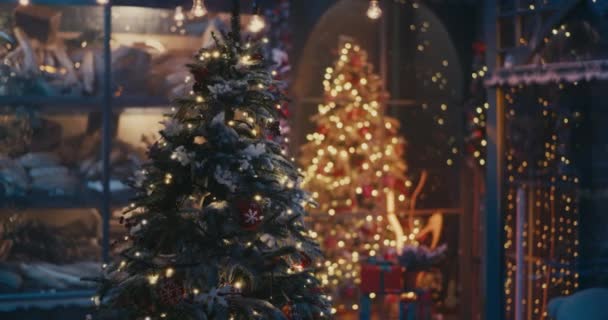 Kerstman met cadeautjes wandelen in de buurt van kerstboom - Video