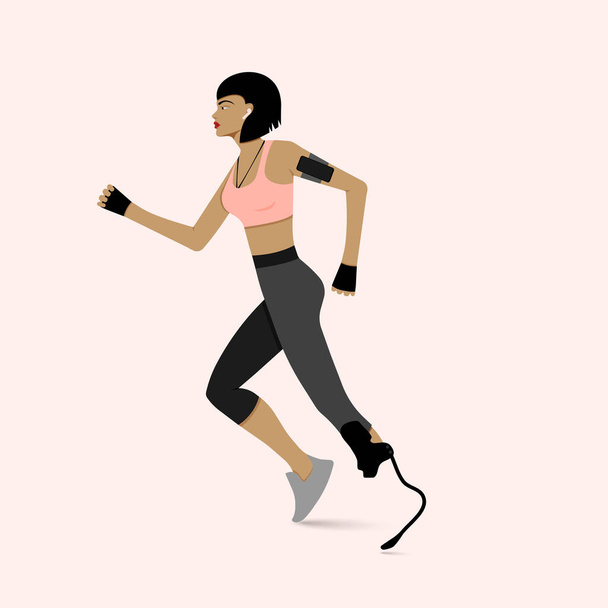 Femme qui court jambe handicapée avec prothèse. illustration vectorielle.  - Vecteur, image