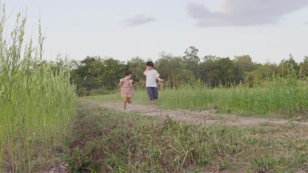 Asiatische Brüder und Schwestern Laufen und spielen mit Spaß Mitten in der Natur Am Abend, wenn die Sonne untergeht - Filmmaterial, Video