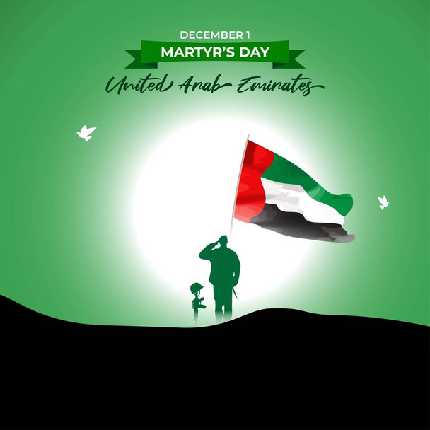 banner de ilustración vectorial para el Día de la Conmemoración, el Día de los Mártires se celebra anualmente el 1 de diciembre en los Emiratos Árabes Unidos, con siluetas de militar y bandera  - Vector, imagen