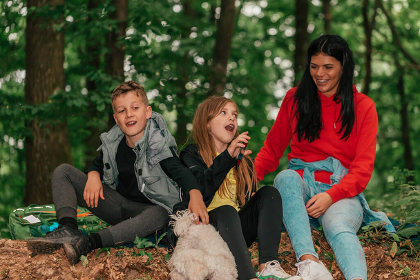 Kaunis nuori äiti, hänen tyttärensä ja poikansa istuu metsässä. Onnellinen perhe nauraa ja laulaa yhdessä. Valikoiva painopiste - Valokuva, kuva
