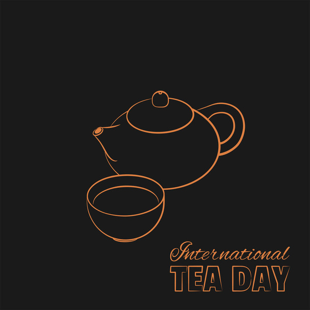 Teáskanna és teáscsésze vonalművészeti tervezése nemzetközi teanapra. - Vektor, kép