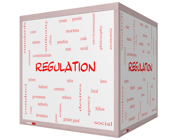 Regulation Word Cloud Concept on a 3D cube Whiteboard - Photo, Image