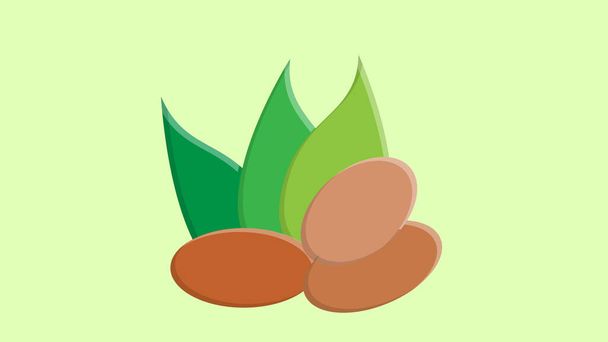 緑の背景にナッツベクトルイラスト。緑の長い葉の下にナッツが地面に横たわっています。健康食品、減量、農業、環境に優しい製品 - ベクター画像