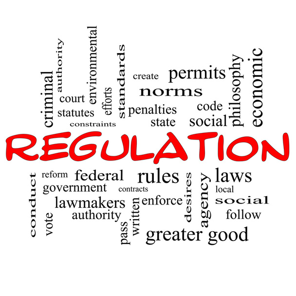 Koncepcja cloud słowo regulacja w czerwonych czapkach - Zdjęcie, obraz