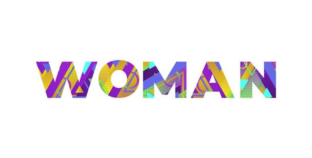 Η έννοια λέξη γυναίκα γραμμένο σε πολύχρωμα ρετρό σχήματα και χρώματα εικονογράφηση. - Διάνυσμα, εικόνα