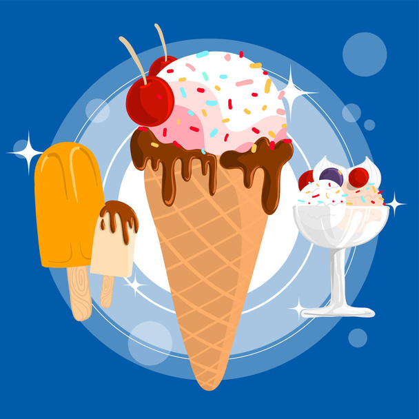 Three types of Ice cream. Drawing vector illustration of sweet dessert for summer with layers. - Vector, Image