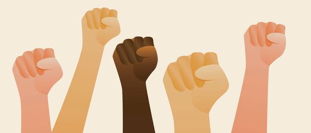 Power fight, fist isolated. Vector stock illustration. Multicultural international people fists. Power fight concept, feminism, stop racism. Different ethnicity, Afro, Asian, European as stop racism - Vetor, Imagem