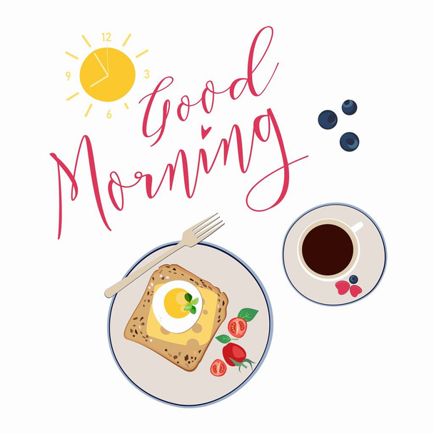 Vector morning breakfast with coffee cup, scrambled eggs, cheese, tomato and toasts. Cartoon flat illustration. - Vecteur, image