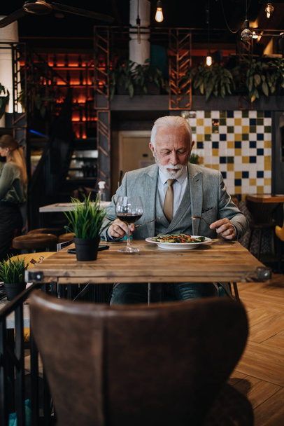 Happy businessman sitting in restaurant and having lunch. He is enjoying in delicious food and wine. - Valokuva, kuva