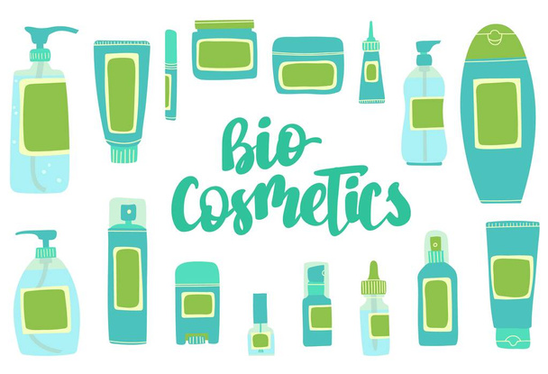 Bio cosmetische producten in flessen, buizen en potten. Handgetekende vectorillustraties set - Vector, afbeelding