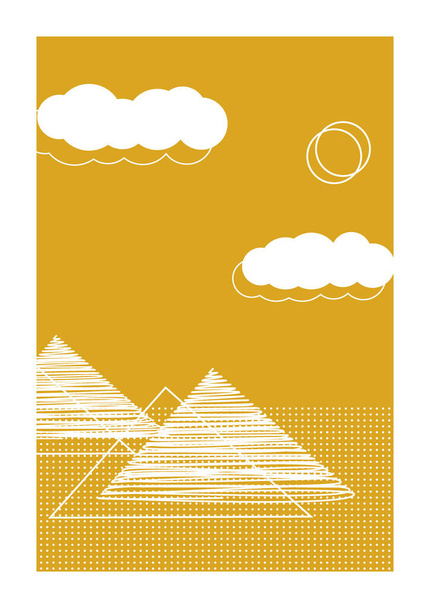 Manifesto minimalista di ispirazione egiziana con nuvole, sole e piramidi in stile piatto. Può essere utilizzato per la decorazione di arte della parete, cartolina e design di copertura - Vettoriali, immagini