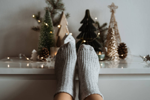 Winter mood. Socks and Festive modern decorations. Merry Christmas. - Φωτογραφία, εικόνα