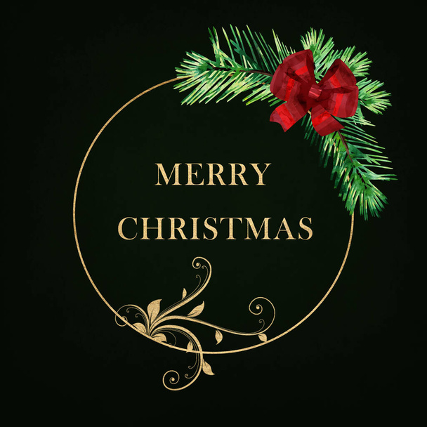 Счастливого Рождества золотой венок с еловой веткой и красной лентой на черном фоне - Фото, изображение