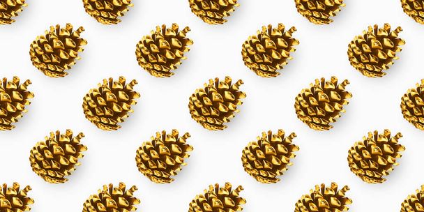 Seamless Pattern with Gold Cones. Golden Pine Cone. Cover Design Template. Pine Cone Icon, Symbol, Decor, Gift. Christmas Pattern. Objects Isolated on White. Realistic 3D Vector Illustration - Vetor, Imagem