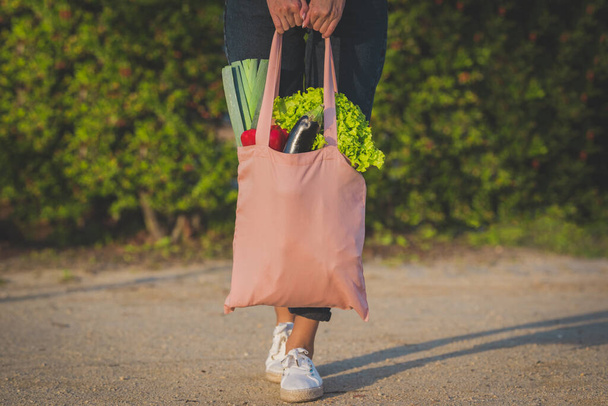 Woman with pink reusable eco bag with fresh bio vegetables. Eggplant, red bell paper and green lettuce salad leaves. Plant based vegan diet. Healthy food clean eating. Zero waste, plastic free - Photo, Image