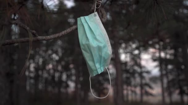 Close up on protective face mask hanging of the tree in nature in day - covid-19 coronavirus pandemic new normal concept  - Footage, Video