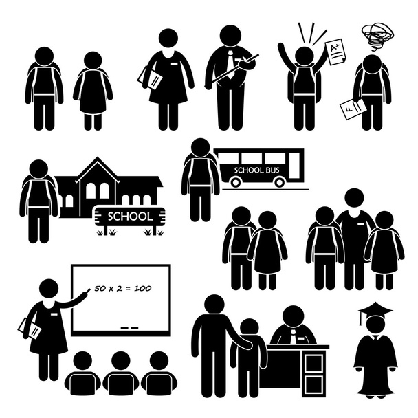 tanár diák igazgató iskolás gyermekek pálcikaember piktogram ikon clipart - Vektor, kép