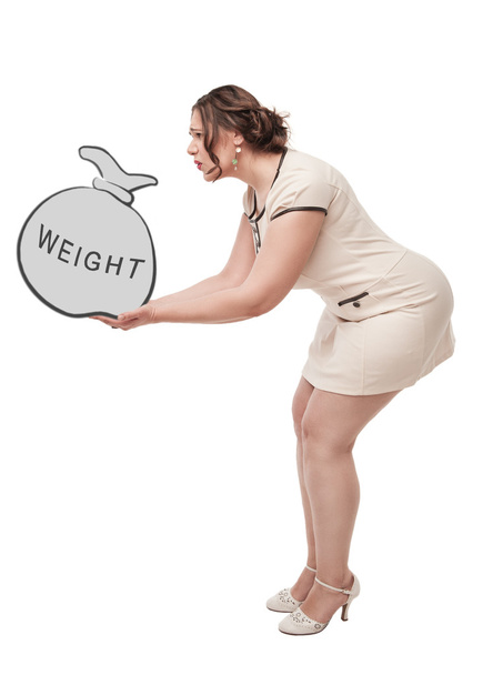 mooie plus grootte vrouw bedrijf tas met woord gewicht - Foto, afbeelding