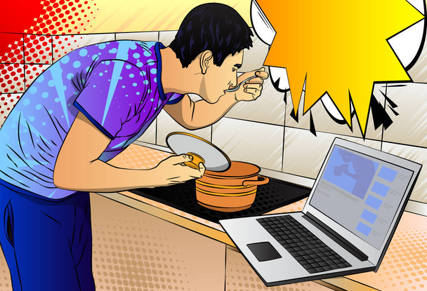Ilustração de um homem de quadrinhos degustando sopa da panela enquanto estava na cozinha. A ver um curso de culinária online. Cozinhar em casa. - Vetor, Imagem