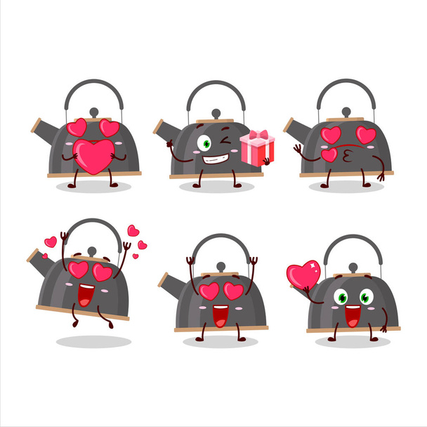 Black teapot cartoon character with love cute emoticon. Vector illustration - Vector, Imagen