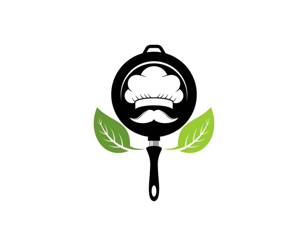 Frying pan with chef hat and nature leaf - Vector, Image
