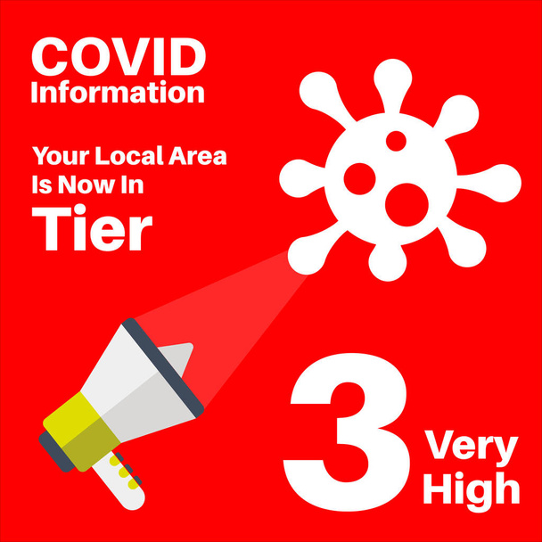 Covid-19 - Nivel 3 Local Lockdown vector Ilustración sobre un fondo rojo con el logotipo del megáfono y el virus - Vector, imagen