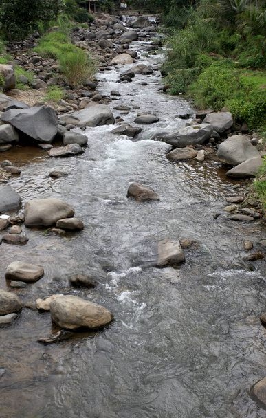 Так багато каменів у річці. Дика річка тече. Вид на лісову річку. Річка повна каменів. Curug Leuwi Asih, Bogor, Indonesia. - Фото, зображення