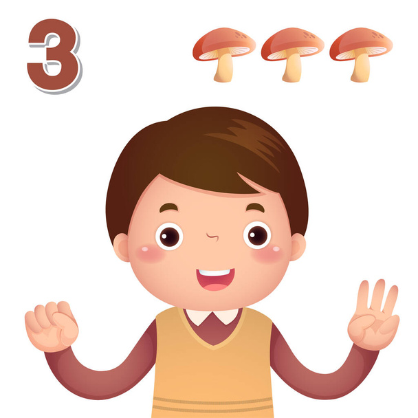 Zahlen lernen und zählen mit der Kinderhand, die die Zahl drei zeigt - Vektor, Bild