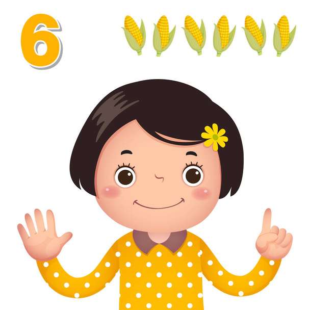 6番目の数字を示す子供たちと数字とカウントを学ぶ - ベクター画像