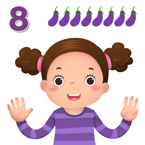 8番目の数字を示す子供たちと数字とカウントを学ぶ - ベクター画像