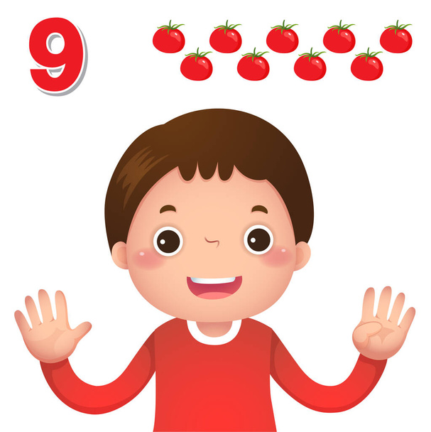 Zahlen lernen und zählen mit der Kinderhand, die die Zahl neun zeigt - Vektor, Bild