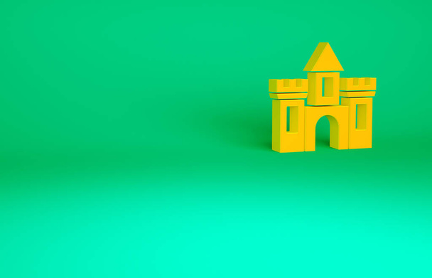 Ікона Помаранчевого замку ізольована на зеленому тлі. Середньовічна фортеця з вежею. Захист від ворогів. Надійність і оборона міста. Концепція мінімалізму. 3D-рендеринг. - Фото, зображення