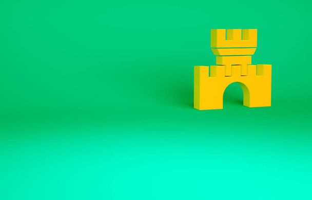 緑の背景に隔離されたオレンジ城のアイコン。塔と中世の要塞。敵からの保護。都市の信頼性と防衛。最小限の概念。3Dイラスト3Dレンダリング. - 写真・画像