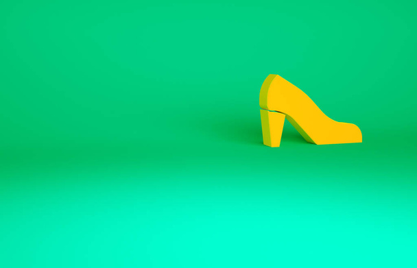 Chaussure femme orange avec icône à talon haut isolée sur fond vert. Concept de minimalisme. Illustration 3D rendu 3D. - Photo, image