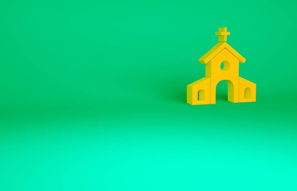 Ícone de construção Orange Church isolado no fundo verde. Igreja Cristã. Religião da igreja. Conceito de minimalismo. 3D ilustração 3D render. - Foto, Imagem