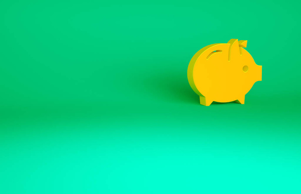 緑の背景に隔離されたオレンジ色の貯金箱のアイコン。アイコンの節約やお金の蓄積、投資。最小限の概念。3Dイラスト3Dレンダリング. - 写真・画像