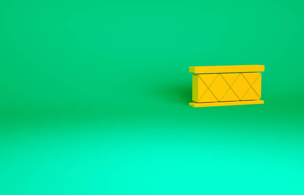 Icono del tambor naranja aislado sobre fondo verde. Signo musical. Símbolo del instrumento musical. Concepto minimalista. 3D ilustración 3D render. - Foto, imagen