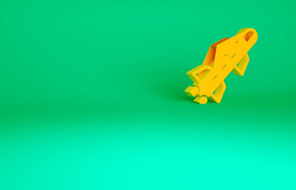 ícone de foguete laranja isolado no fundo verde. Conceito de minimalismo. 3D ilustração 3D render. - Foto, Imagem